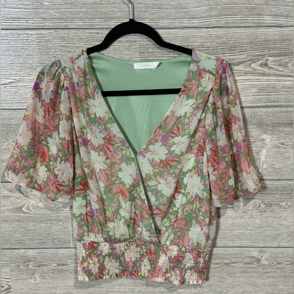 Lush Floral Surplice V-Neck Top Smocked Waist, Small, Pink/Sage, Flutter Sleeve - Picture 4 of 7